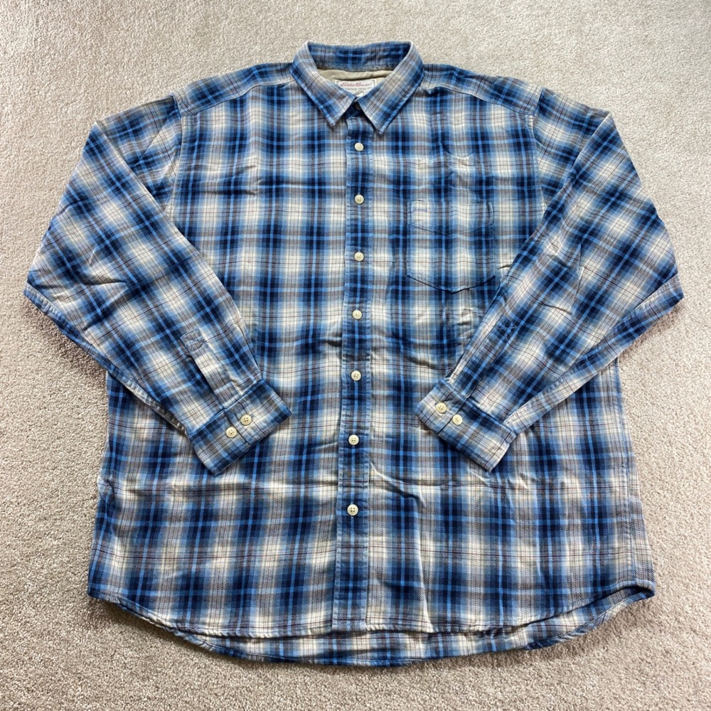Eddie Bauer Button Up Shirt Mens XL Tall Blue‎ Plaid Vintage Twill Cotton